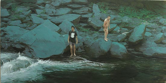 李胤，河床上的双子星，布面油画，150×300cm，2012