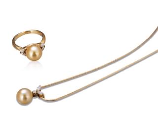 金色海水珍珠吊坠项链、戒指套装