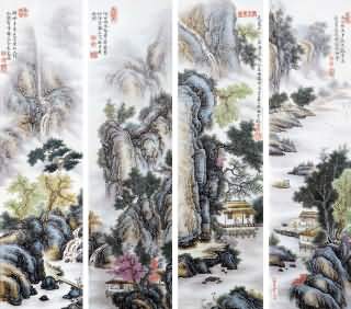 当代 江西瓷业公司四季山水粉彩瓷板一组四件